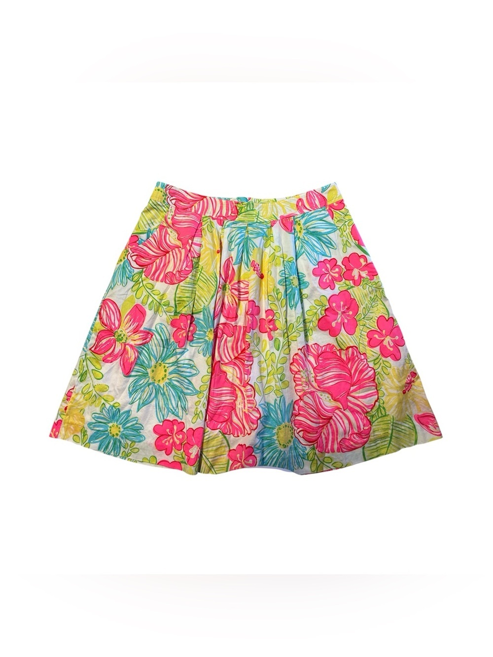 Lilly Pulitzer Pink, Teal & Yellow Floral Circle Skirt side pockets. Sz/8